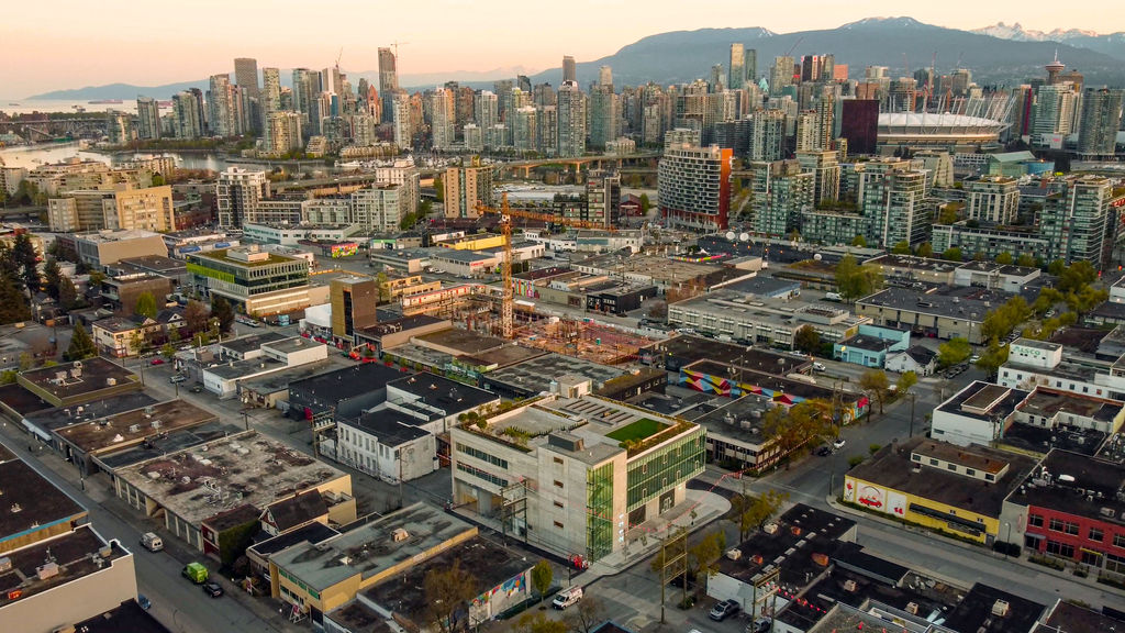 Aerial photograph of a commercial real estate building in Mount Pleasant, Vancouver. 