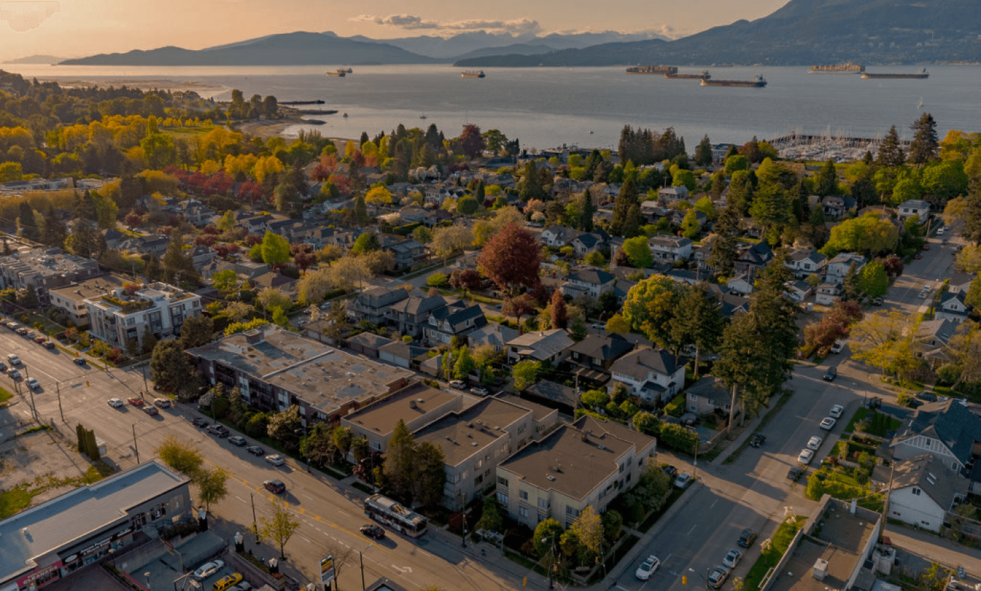 Aerial view of residential properties at 4th and Alma in Kitsilano.