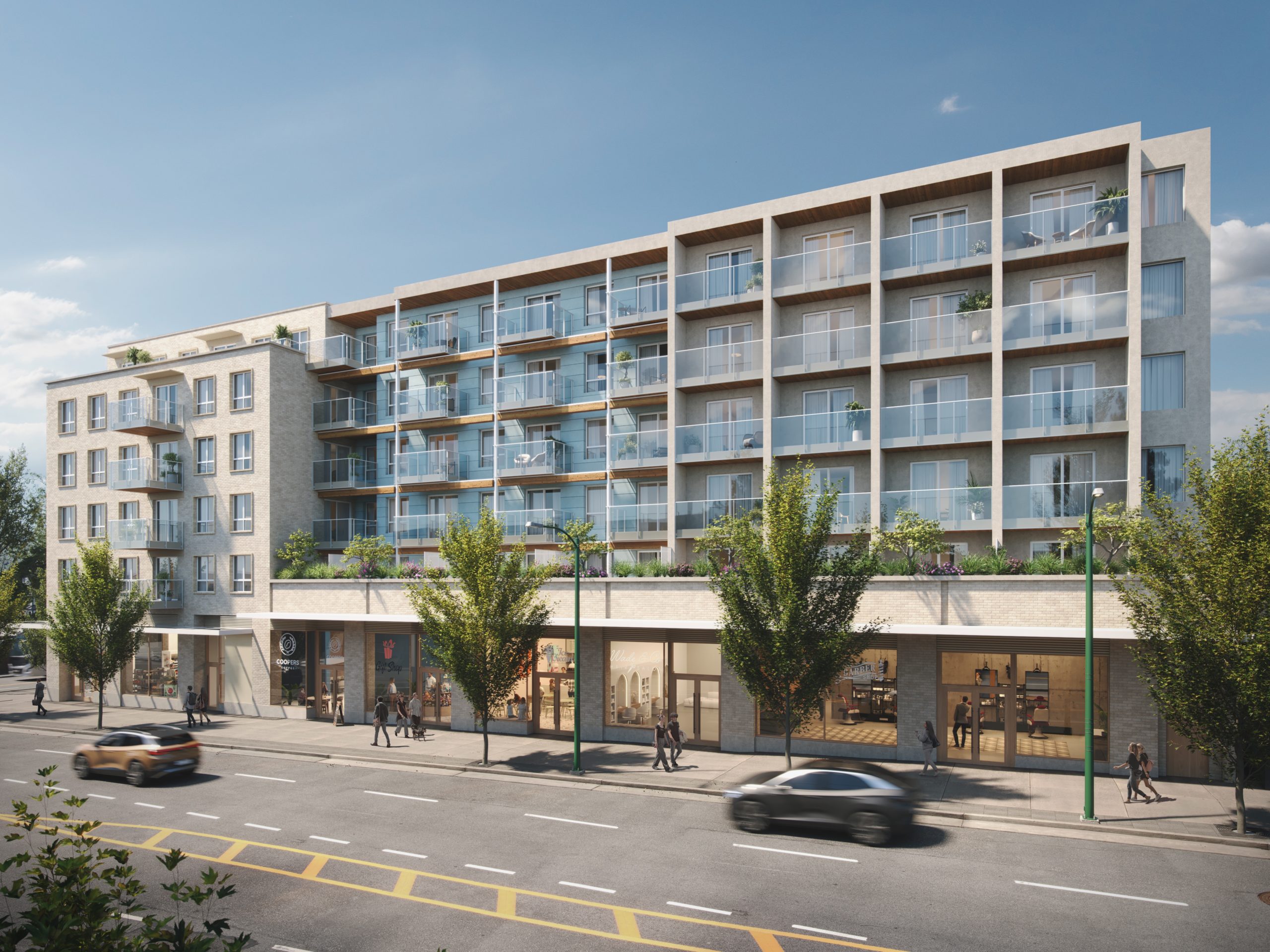 Rendering of a mixed-used rental building at 4th + Macdonald in Kitsilano Vancouver.