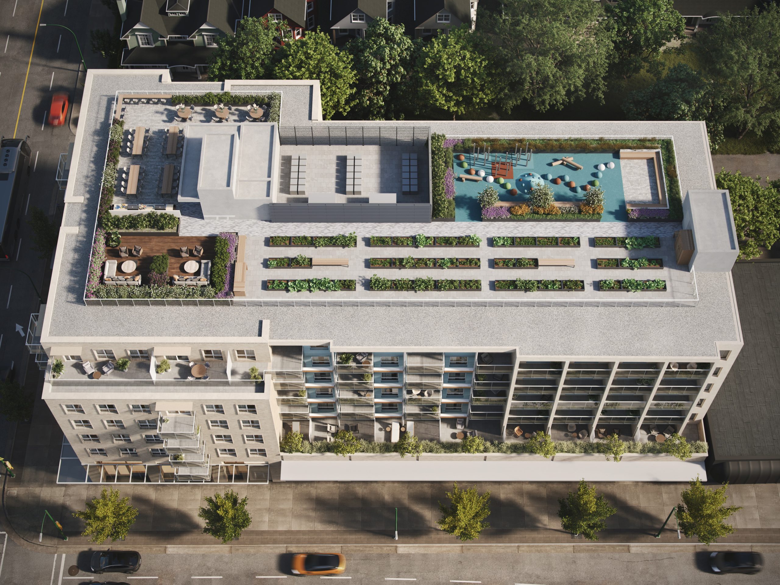 Rendering of a rooftop amenity space on a mixed-used rental building at 4th + Macdonald in Kitsilano Vancouver.