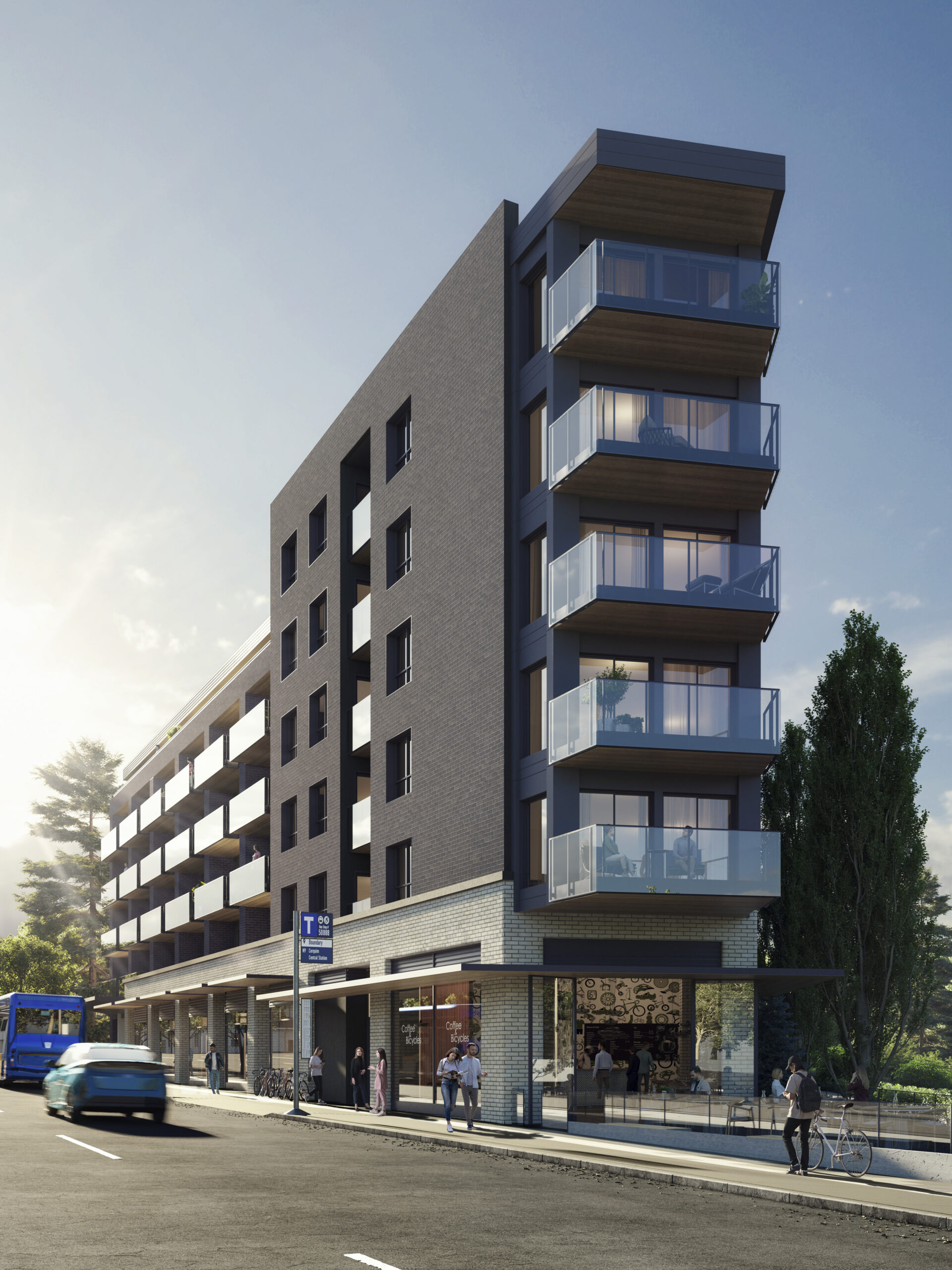 Corner view rendering of an upcoming mixed-use below-market rental building in the Grandview Woodlands neighbourhood.