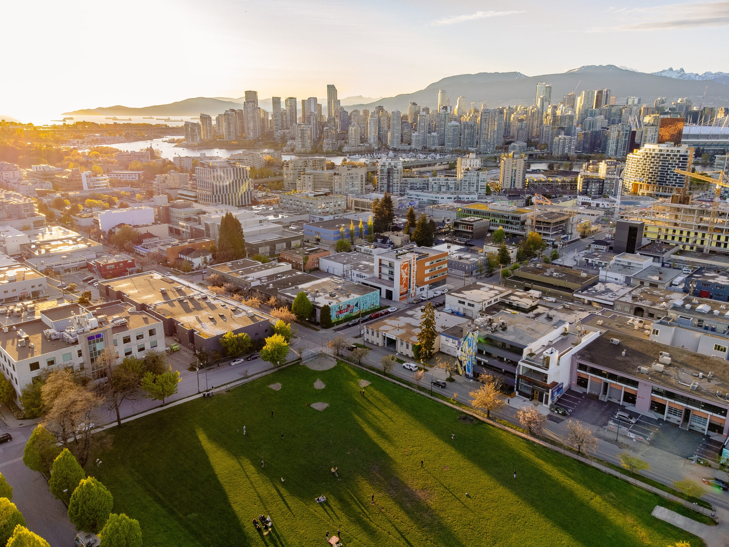 Aerial view of Jonathan Rogers Park and 177 West 7th office building in Mount Pleasant Vancouver.